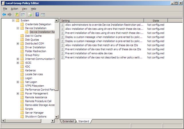 Policy editor. Administrative Templates-System-device installation.