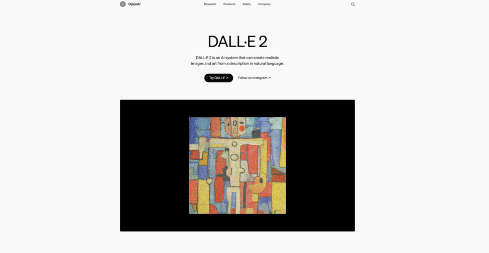 Главная страница DALL-E 2 от OpenAI с описанием возможностей системы и примером сгенерированного абстрактного изображения