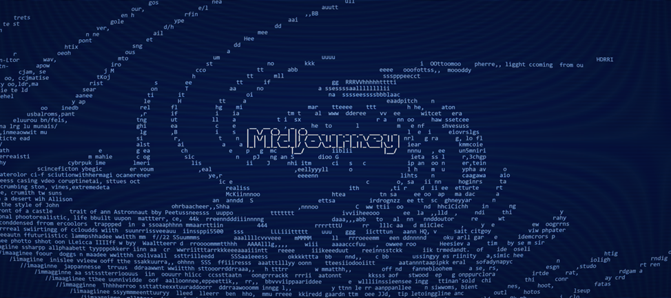 Логотип MidJourney, окружённый текстовыми символами, формирующими спиралевидный узор на тёмно-синем фоне.