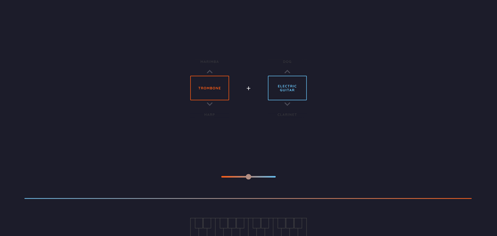 Интерфейс NSynth: Sound Maker с настройками комбинирования звуков тромбона и электрогитары, визуализация звуковой линии