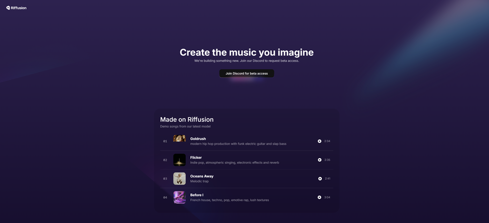 Главная страница Riffusion с призывом 'Создавайте музыку, которую вы представляете', список демонстрационных песен и кнопка для доступа к бета-версии
