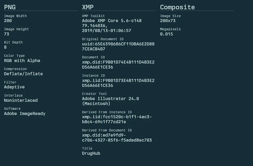 Скриншот метаданных изображения с подробной информацией о параметрах, включая Adobe Illustrator 24.0 (Macintosh), XMP Toolkit, размеры 200x73 и формат PNG