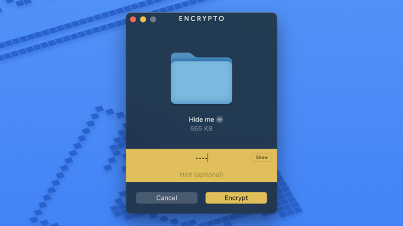 Окно приложения Encrypto на macOS с зашифрованной папкой 'Hide me' размером 565 KB. Введен пароль для шифрования, а кнопка 'Encrypt' активна.