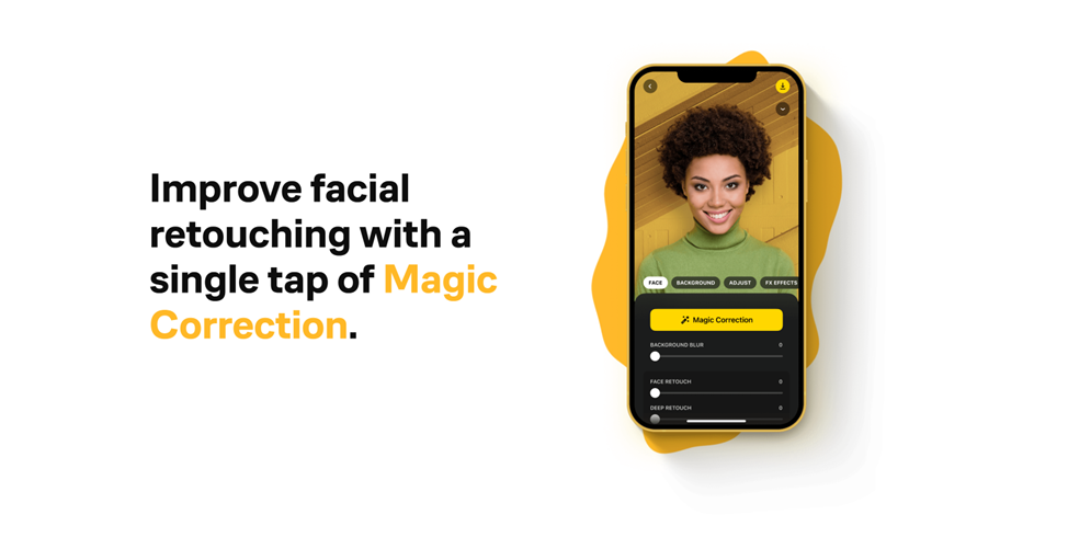 Улучшение портретов с помощью функции Magic Correction в мобильном редакторе.