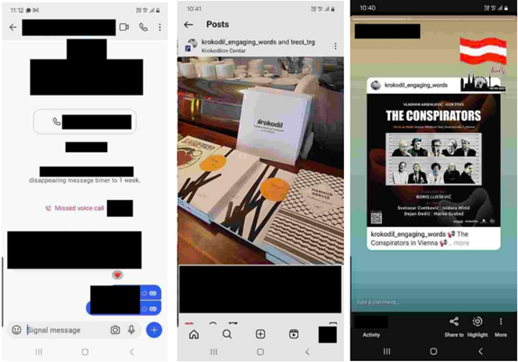 Скриншоты с мобильного телефона. Слева – переписка в мессенджере с исчезающими сообщениями и пропущенным голосовым вызовом. В центре – публикация в Instagram с изображением книг и логотипом «Krokodil». Справа – сториз из Instagram с афишей события под названием «The Conspirators» с изображением флагов и участников мероприятия. qkhikziqzkiquzrps