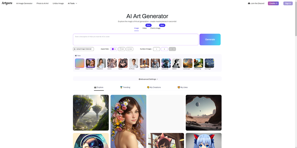 Интерфейс Artguru AI Art Generator с настройками для генерации изображений, включая выбор стиля, соотношения сторон и предварительные примеры созданных изображений