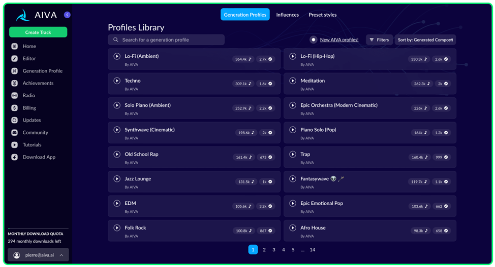Интерфейс музыкальной нейросети AIVA с библиотекой профилей для генерации музыки разных жанров, таких как Lo-Fi, Techno, Meditation, Epic Orchestra, и другие