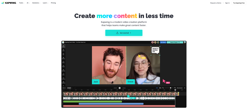 Скриншот главной страницы сайта Kapwing с текстом «Create more content in less time» и изображением интерфейса видеоредактора с двумя людьми на экране. Страница акцентирует внимание на удобстве и скорости создания контента с помощью платформы.