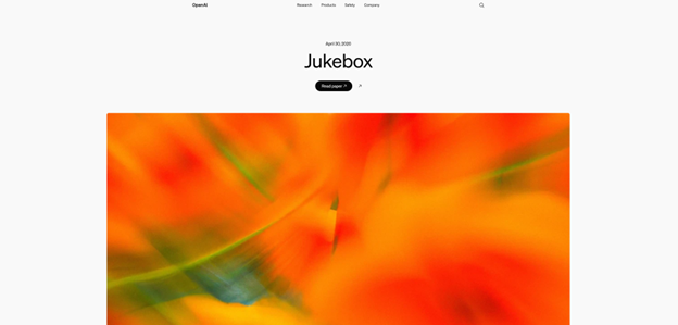 Главная страница OpenAI Jukebox с абстрактным изображением и кнопкой для чтения научной статьи